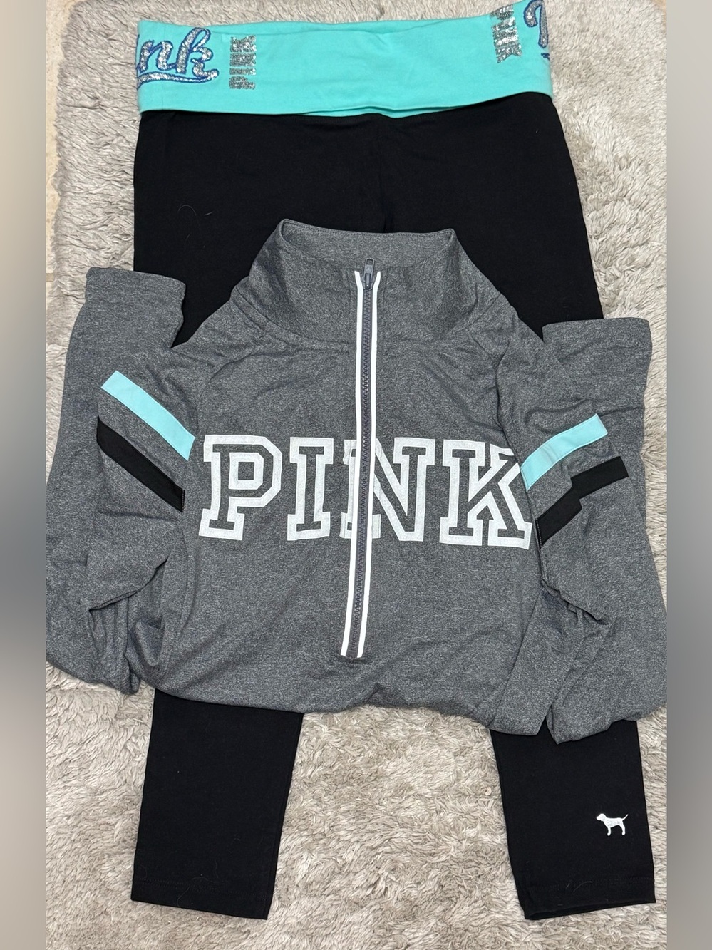 PINK Victoria's Secret Gray Half-Zip Sweatshirt Aqua/Black with matching pant